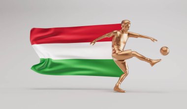 Altın futbolcu elinde bayrak sallayarak topa vuruyor. 3B Hazırlama.