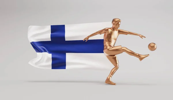 Jugador Fútbol Dorado Pateando Una Pelota Con Bandera Finlandesa Ondeando — Foto de Stock