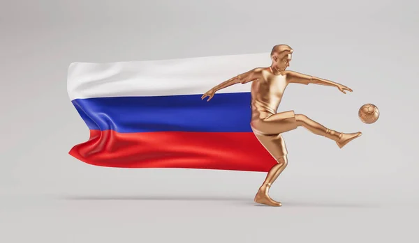 Golden Soccer Football Player Kicking Ball Russia Waving Flag Rendering — Stock Photo, Image