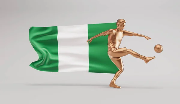 Jugador Fútbol Oro Pateando Una Pelota Con Nigeria Ondeando Bandera — Foto de Stock