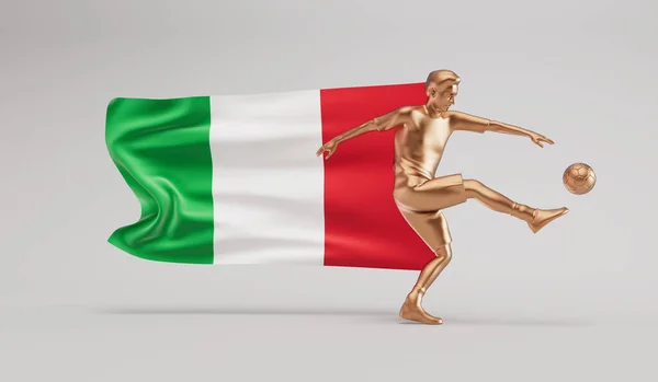 Golden Soccer Football Player Kicking Ball Italy Waving Flag Rendering — Stock Photo, Image