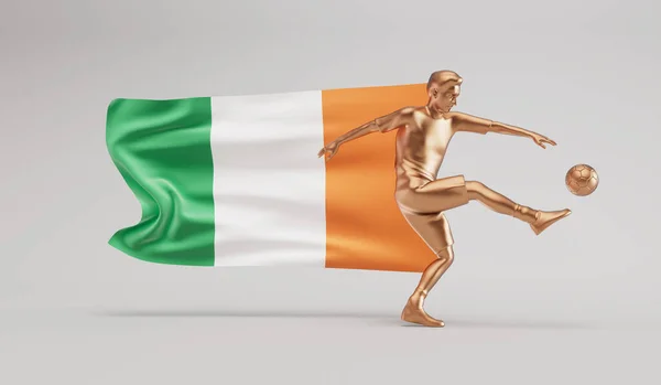 Złoty Piłkarz Kopie Piłkę Irlandzką Flagą Renderowanie — Zdjęcie stockowe