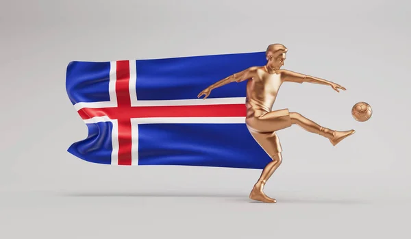 金色のサッカー選手はアイスランドの旗を振ってボールを蹴ります 3Dレンダリング — ストック写真