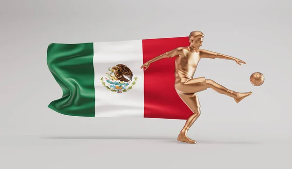 メキシコが旗を振ってボールを蹴っている黄金のサッカー選手 3Dレンダリング — ストック写真