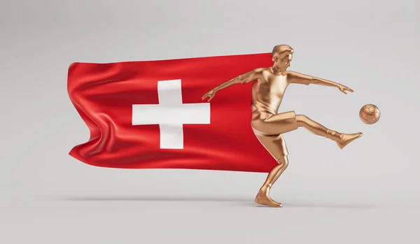 Jogador Futebol Ouro Chutando Uma Bola Com Bandeira Suíça Renderização — Fotografia de Stock