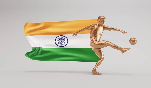Giocatore Calcio Oro Calciare Una Palla Con Bandiera Sventolante India — Foto Stock