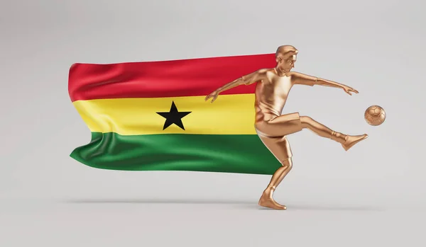 Jugador Fútbol Oro Pateando Una Pelota Con Bandera Ghana Ondeando — Foto de Stock