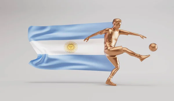 Jugador Fútbol Dorado Pateando Una Pelota Con Bandera Argentina Ondeando — Foto de Stock