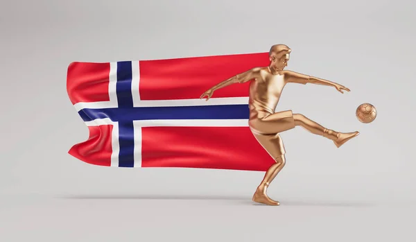 ゴールデンサッカー選手はノルウェーの旗を振ってボールを蹴る 3Dレンダリング — ストック写真