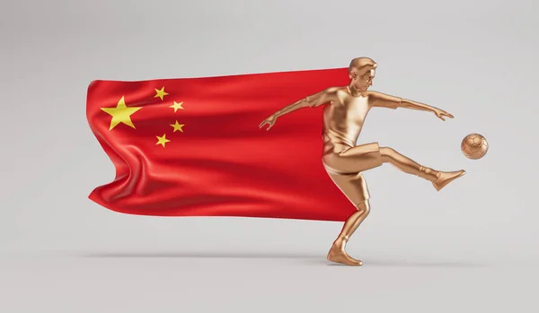Χρυσή Ποδοσφαιριστής Κλοτσιές Μπάλα Την Κίνα Κυματίζει Σημαία Απόδοση — Φωτογραφία Αρχείου