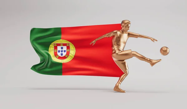 Jugador Fútbol Dorado Pateando Una Pelota Con Bandera Portugal Ondeando — Foto de Stock