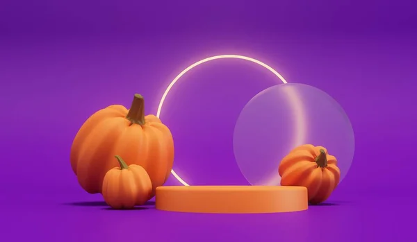 Calabazas Halloween Con Una Luz Brillante Neón Sobre Fondo Púrpura — Foto de Stock
