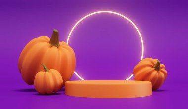 Mor bir arka planda neon ışıklı Cadılar Bayramı balkabakları. 3B Hazırlama.