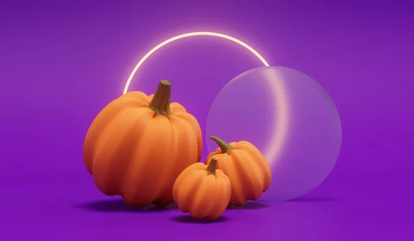 Calabazas Halloween Con Una Luz Brillante Neón Sobre Fondo Púrpura — Foto de Stock