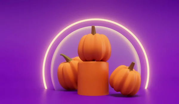 Abóboras Halloween Com Uma Luz Brilhante Néon Contra Fundo Roxo — Fotografia de Stock