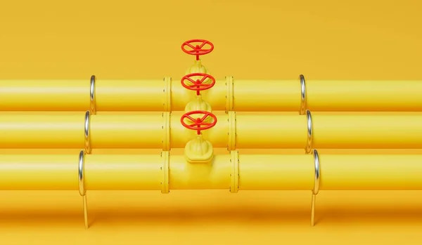Linhas Tubulação Amarelas Indústria Gás Óleo Com Válvulas Vermelhas Renderização — Fotografia de Stock