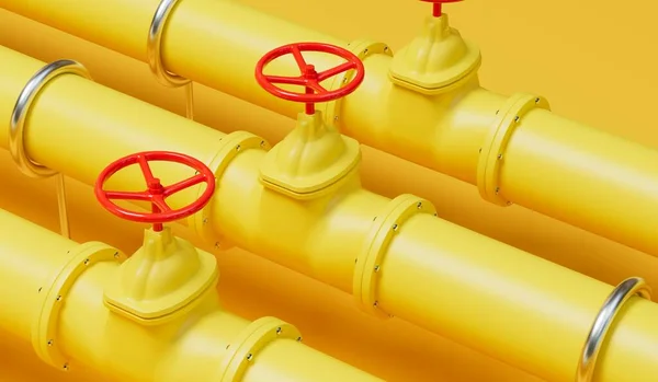 Yellow Gas Oil Industry Pipe Lines Red Valves Rendering — Stock Photo, Image