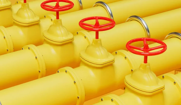 Желтые Газовые Нефтепромысловые Трубопроводы Красными Клапанами Рендеринг — стоковое фото