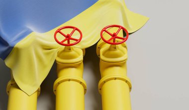 Petrol ve gaz boru hattını kaplayan Ukrayna bayrağı. Petrol endüstrisi konsepti. 3B Hazırlama.