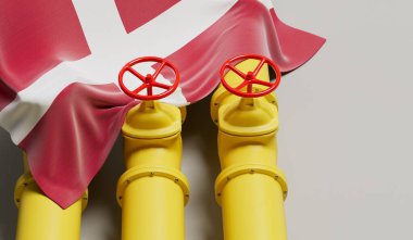 Petrol ve doğalgaz boru hattını kaplayan Danimarka bayrağı. Petrol endüstrisi konsepti. 3B Hazırlama.