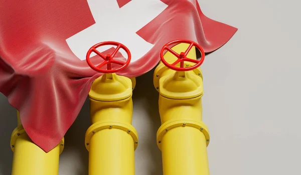 瑞士国旗覆盖了一条石油和天然气燃料管道 石油工业概念 3D渲染 — 图库照片