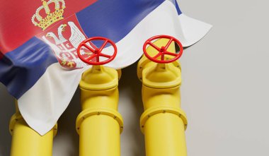 Sırbistan petrol ve doğalgaz boru hattını kapatan bir bayrak çekti. Petrol endüstrisi konsepti. 3B Hazırlama.