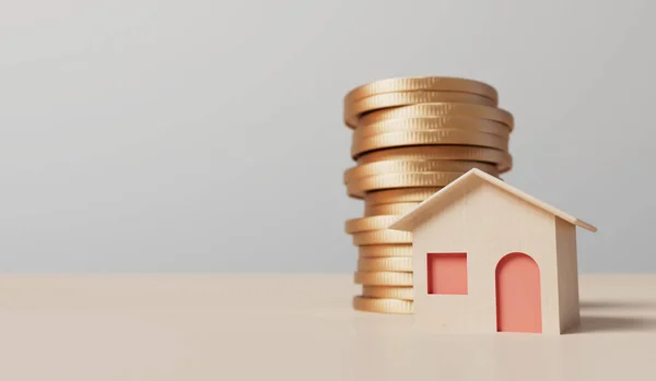 住宅金融と不動産投資の概念 コインのスタックを持つ小さな家 3Dレンダリング — ストック写真