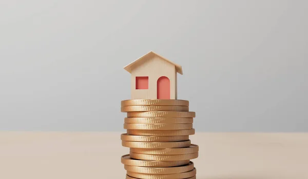 Home finance and property investment concept. Small house with a stack of coins. 3D Rendering.