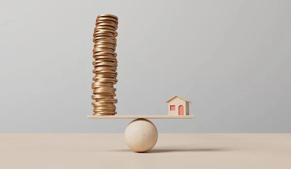 小さな家とコインのスタックは のこぎりでバランスを取ります プロパティコンセプト 3Dレンダリング — ストック写真