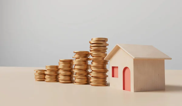 住宅金融と不動産投資の概念 コインの上昇スタックと小さな家 3Dレンダリング — ストック写真
