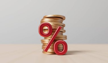 Faiz oranı ve yükselen enflasyon kavramı. Bir yığın bozuk parayla kırmızı yüzde işareti. 3B Hazırlama.