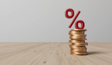 Faiz oranı ve yükselen enflasyon kavramı. Bir yığın bozuk parayla kırmızı yüzde işareti. 3B Hazırlama.