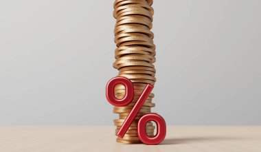 Faiz oranı ve yükselen enflasyon kavramı. Bir yığın bozuk parayla kırmızı yüzde işareti. 3B Hazırlama.