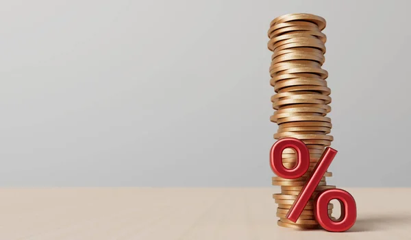Zinssatz Und Steigende Inflation Rotes Prozentsymbol Mit Einem Stapel Münzen — Stockfoto