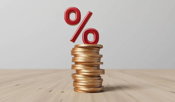 金利と物価上昇の概念 コインの山と赤のパーセント記号 3Dレンダリング — ストック写真
