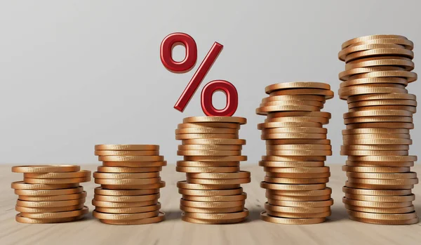 利率和通货膨胀率上升的概念 红色的百分比符号和一堆硬币 3D渲染 — 图库照片