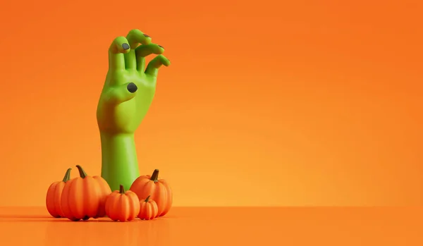 Halloween zombie monster hand reaching out from pumpkins. Halloween background. 3D Rendering.