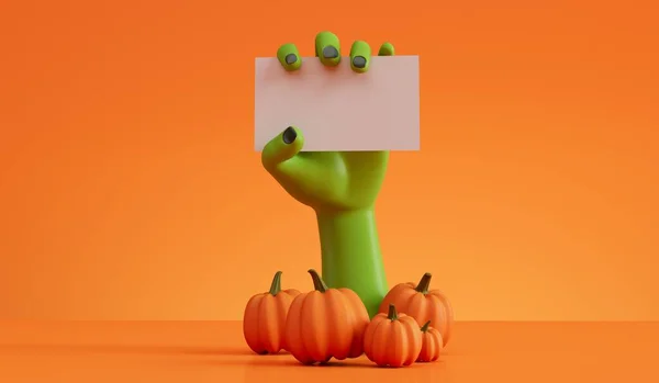Halloween Zelená Zombie Ruka Drží Prázdný Štítek Vykreslování — Stock fotografie