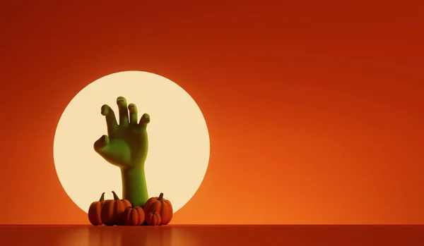 Silhouette of an undead zombie hand reaching out with a bright moon behind. 3D Rendering.