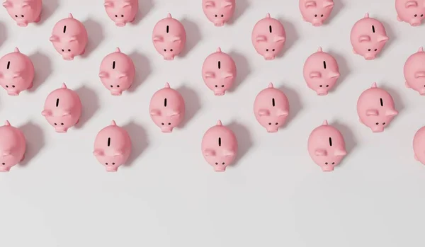 A collection of pink piggy bank money boxes. Finance and saving concept. 3D Rendering.