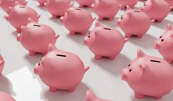 一个粉色储蓄罐的集合 金融和储蓄概念 3D渲染 — 图库照片