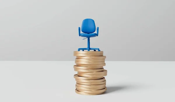 Krzesło Biurowe Stosie Monet Płace Awansu Zawodowego Koncepcja Wynagrodzenia Renderowanie — Zdjęcie stockowe