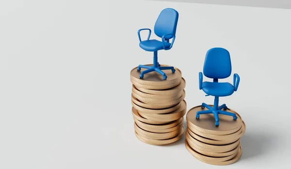 办公椅在一堆硬币上 职业晋升工资和薪金概念 3D渲染 — 图库照片