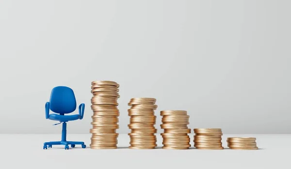 办公椅在一堆硬币上 职业晋升工资和薪金概念 3D渲染 — 图库照片