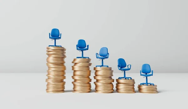 Krzesło Biurowe Stosie Monet Płace Awansu Zawodowego Koncepcja Wynagrodzenia Renderowanie — Zdjęcie stockowe