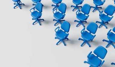 Ofis koltukları. İş ve konferans konsepti. 3B Hazırlama.