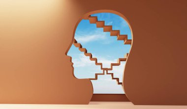 Akıl sağlığı ve farkındalık kavramı. Parlak gökyüzüne giden adımlar. 3B Hazırlama.