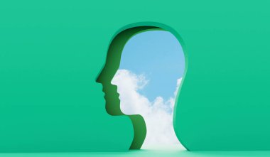 Parlak güneşli gökyüzü duvardaki yan profil deliğinden görülebiliyor. 3B Hazırlama.