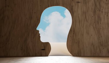 Akıl sağlığı ve farkındalık kavramı. Bir kafanın içinden parlak bir gökyüzüne giden adımlar. 3B Hazırlama.