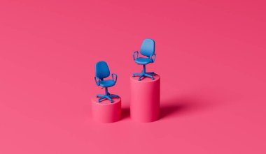 Mavi sandalye bir kaidede. Liderlik ve kalkınma kavramı. 3B Hazırlama.